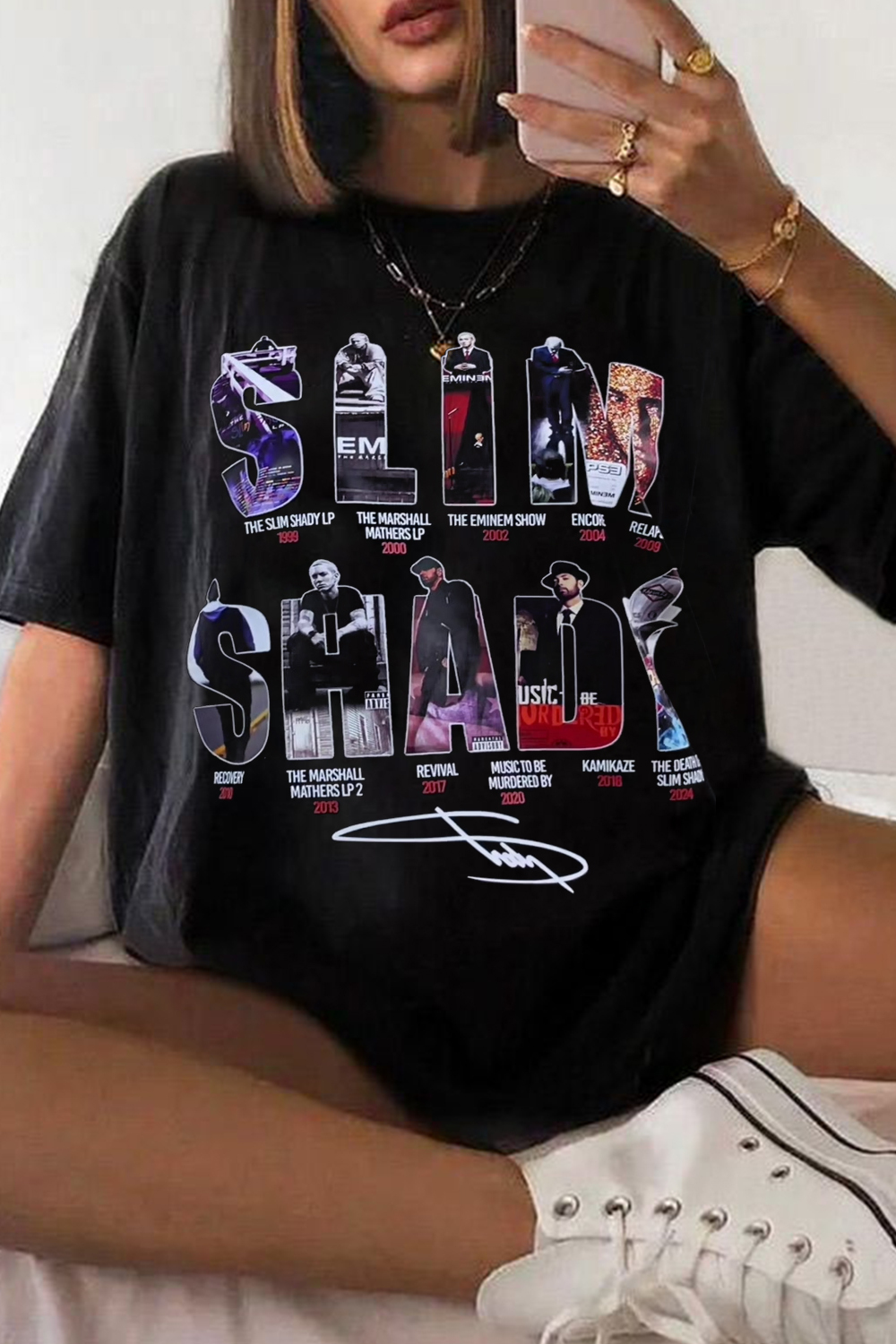 EMINEM Contrast Color Star Letter Support Casual Print Round Neck Short Sleeve T-Shirt