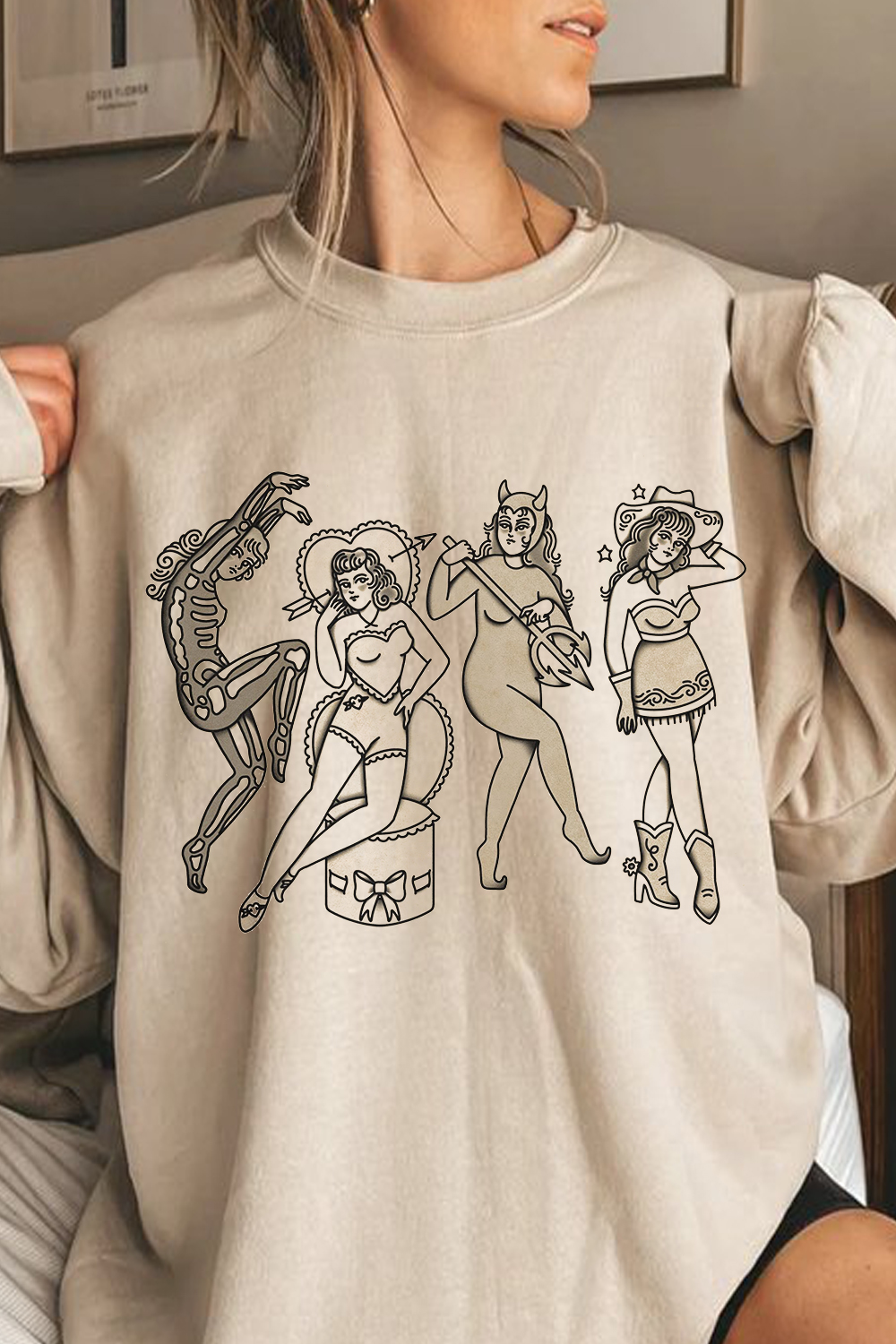 Japanese Sketch Print Round Neck Ladies Long Sleeve Sweatshirt