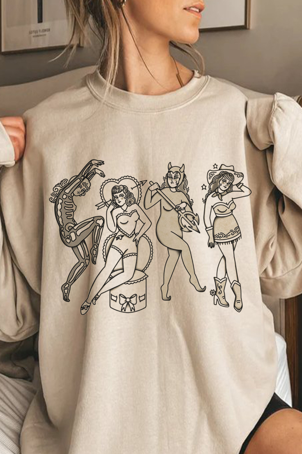 Japanese Sketch Print Round Neck Ladies Long Sleeve Sweatshirt