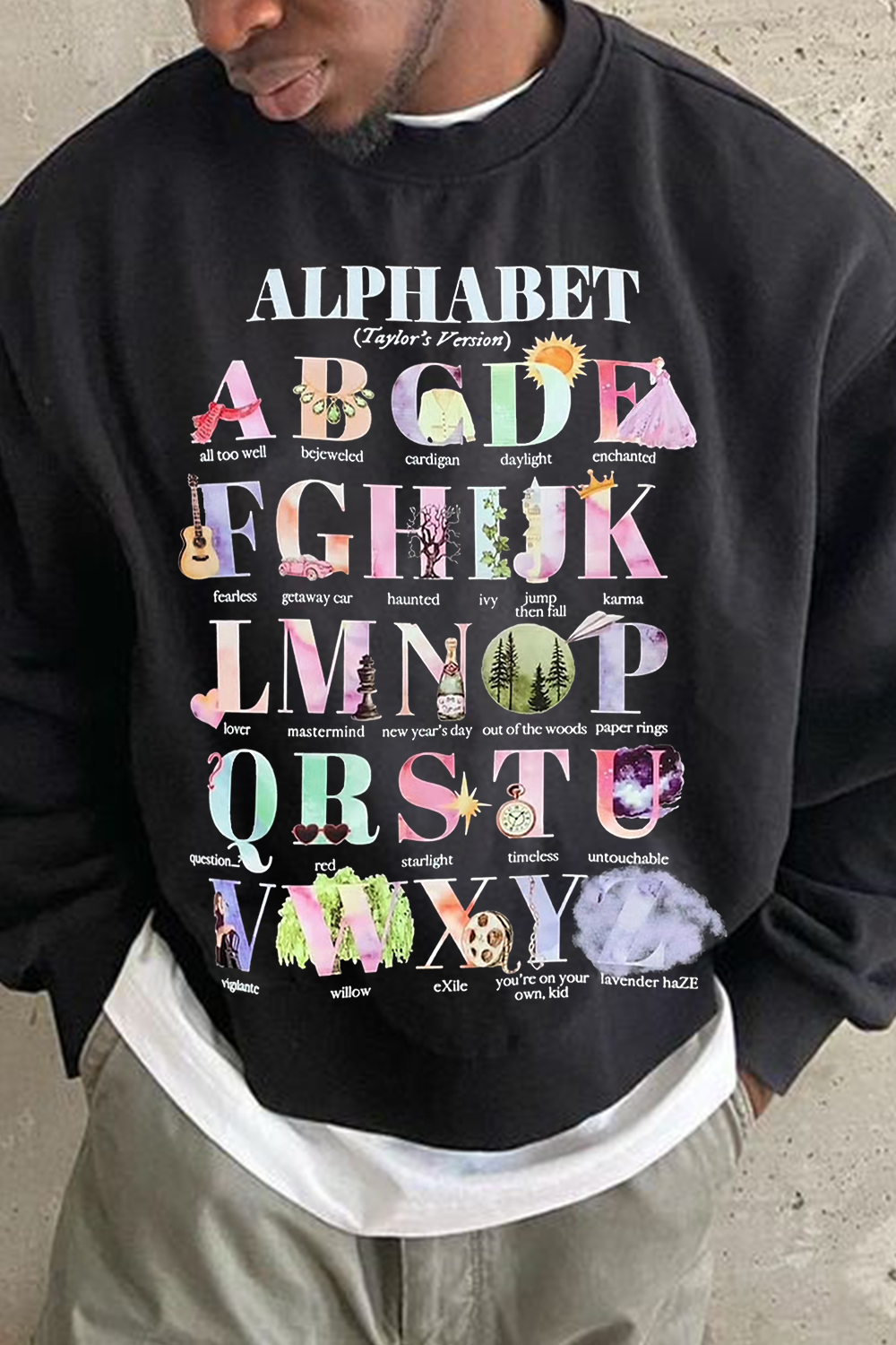 T S Swiftie Alphabet  Men's Printed Crew Neck Sweatshirt