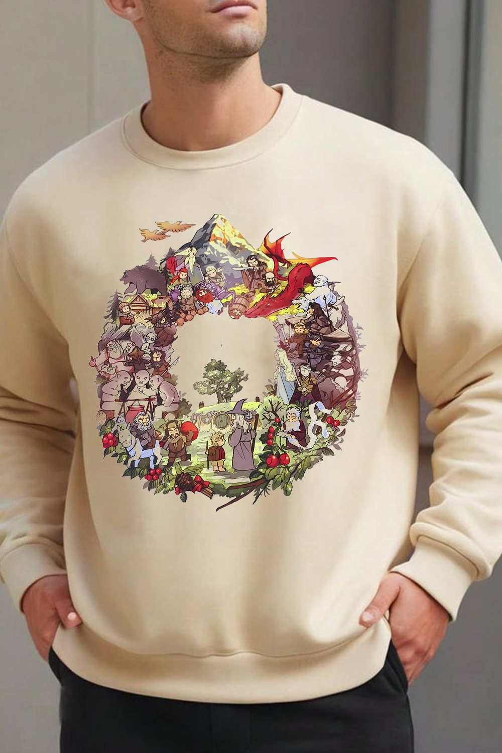 Lord of the Rings Cartoon Print Round Neck Men's Sweatshirt