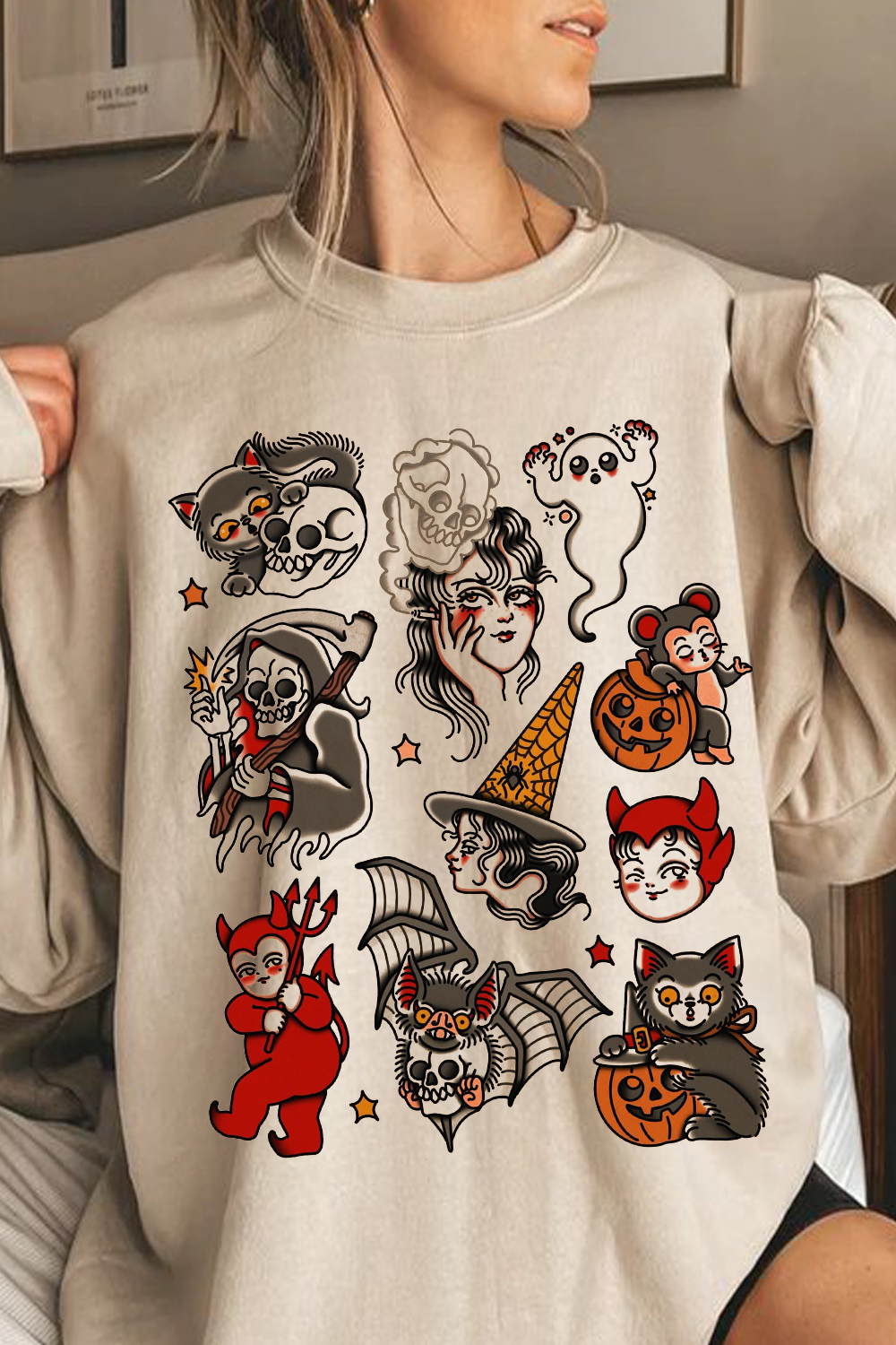 Japanese Style Tattoo Print Round Neck Ladies Long Sleeve Sweatshirt