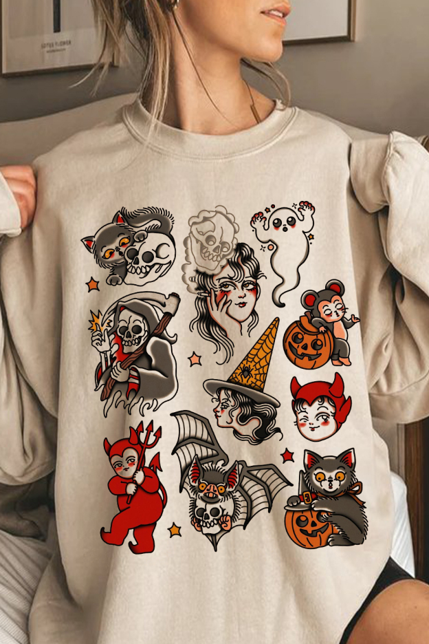 Japanese Style Tattoo Print Round Neck Ladies Long Sleeve Sweatshirt