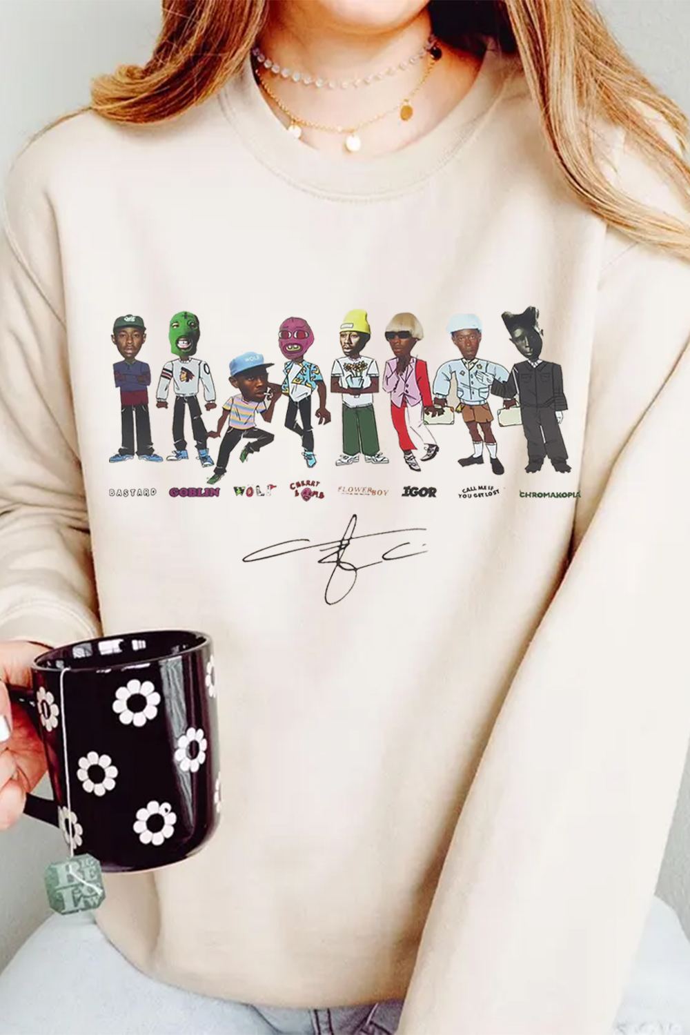 tylerthecreator cartoon print round neck ladies sweatshirt