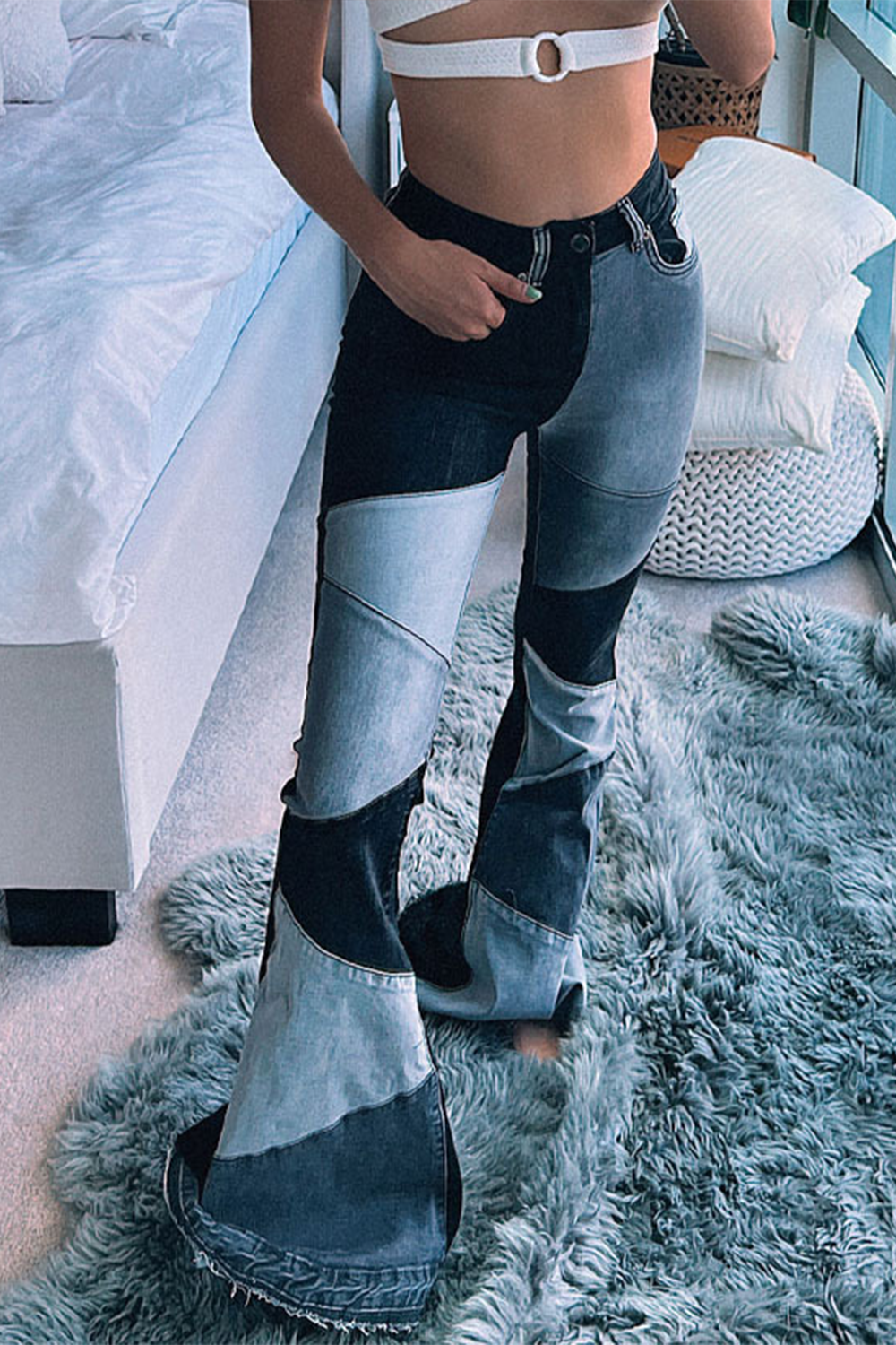 Stretch Wide Leg Fashion Stitching Jeans