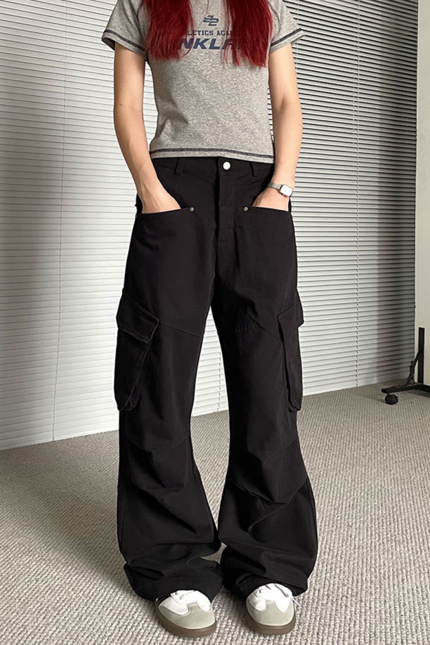 Multi-pocket casual loose pleated straight-leg versatile overalls