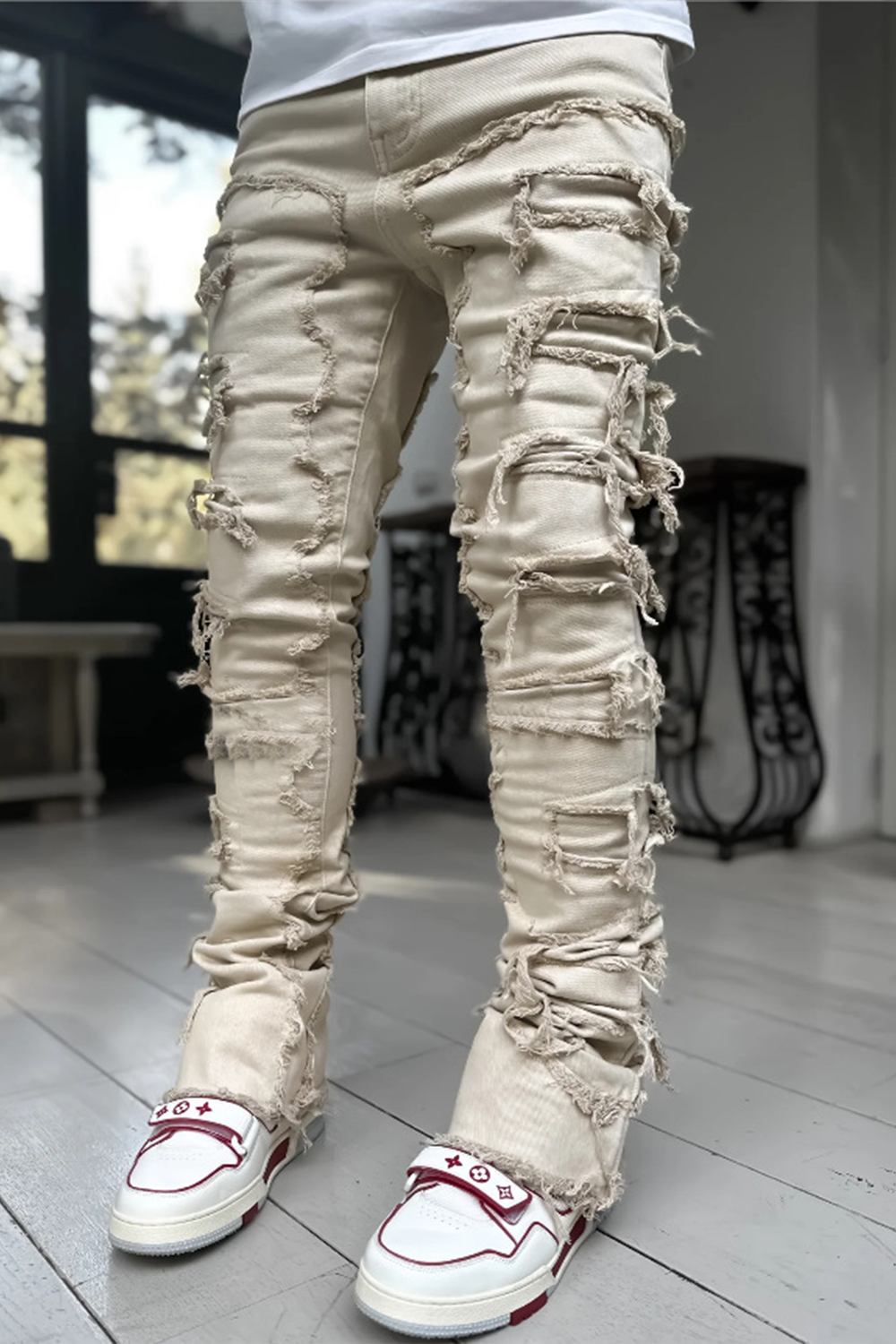 Stretch patch denim straight pants