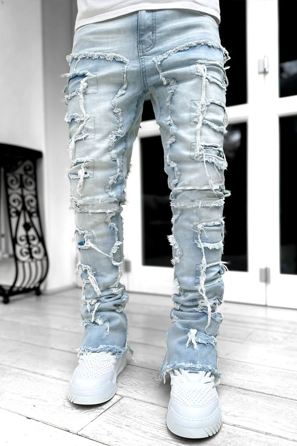 Stretch patch denim straight pants