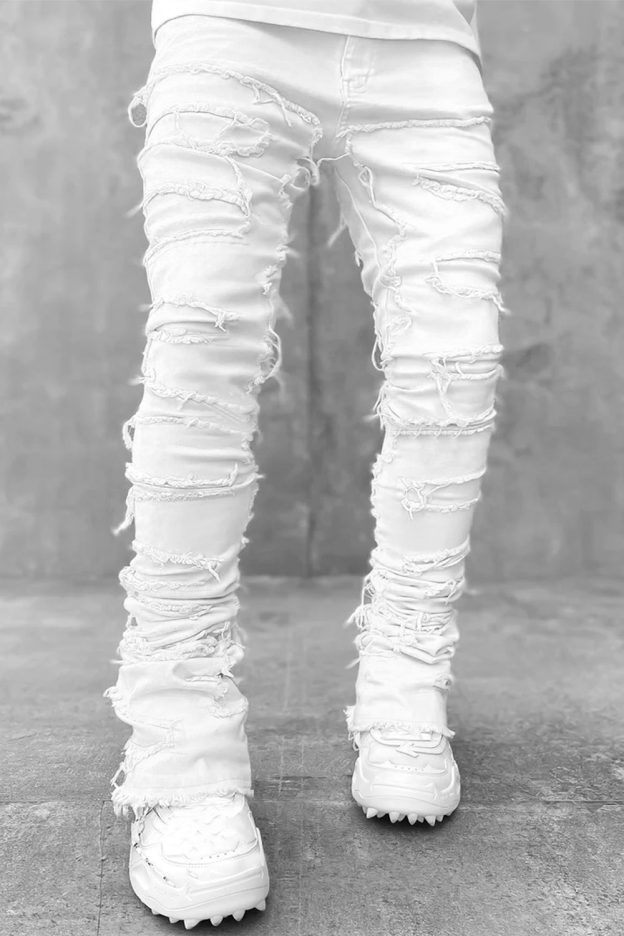 Stretch patch denim straight pants