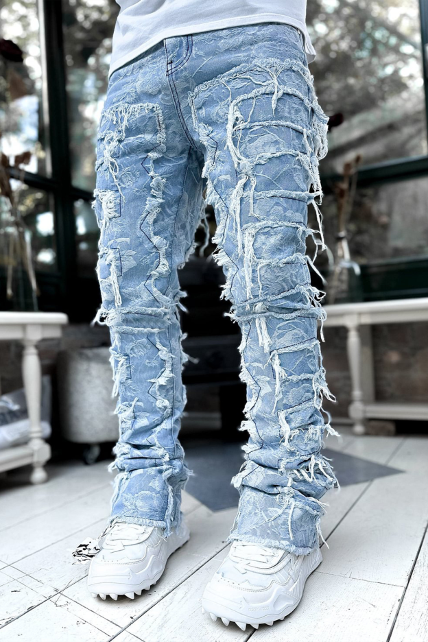 Camouflage print stretch patch denim straight-leg pants
