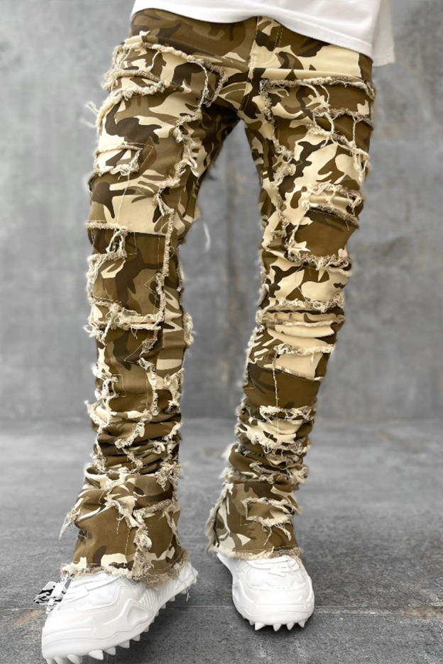 Camouflage print stretch patch denim straight-leg pants