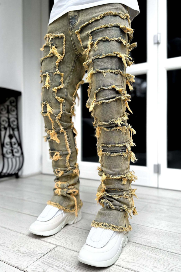 Stretch patch denim straight pants