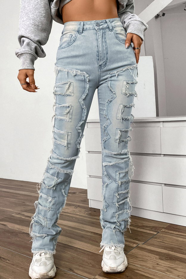 Women's stretch patch denim layered straight jeans