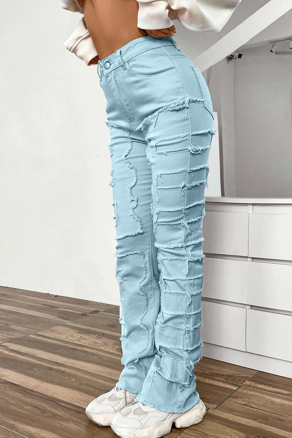 Women's stretch patch denim layered straight jeans