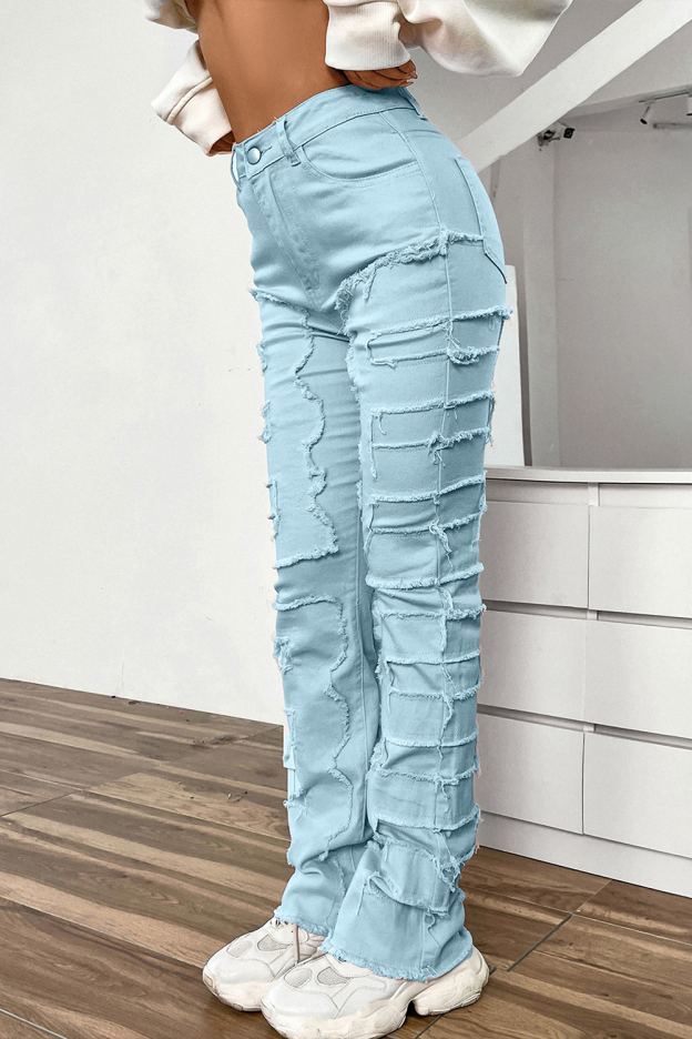 Women's stretch patch denim layered straight jeans