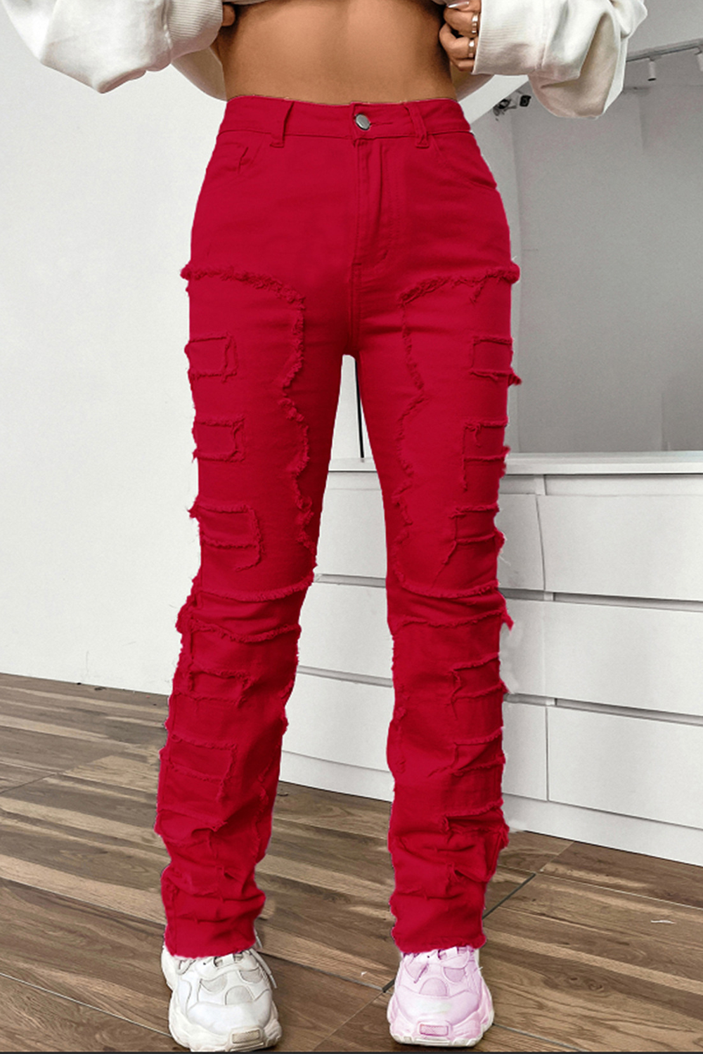 Women's stretch patch denim layered straight jeans