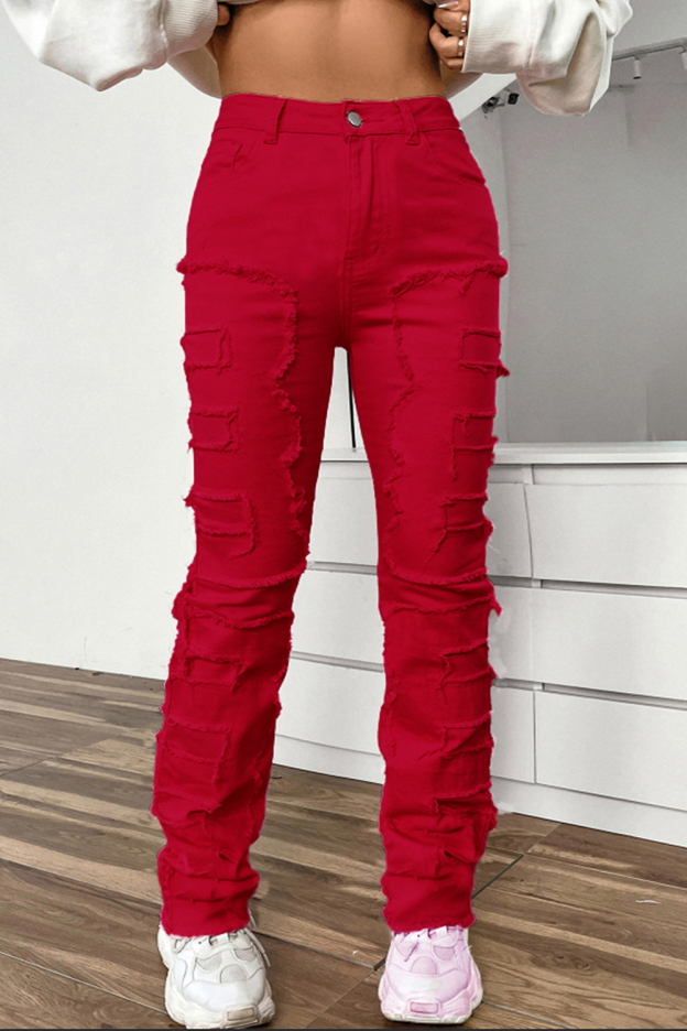 Women's stretch patch denim layered straight jeans