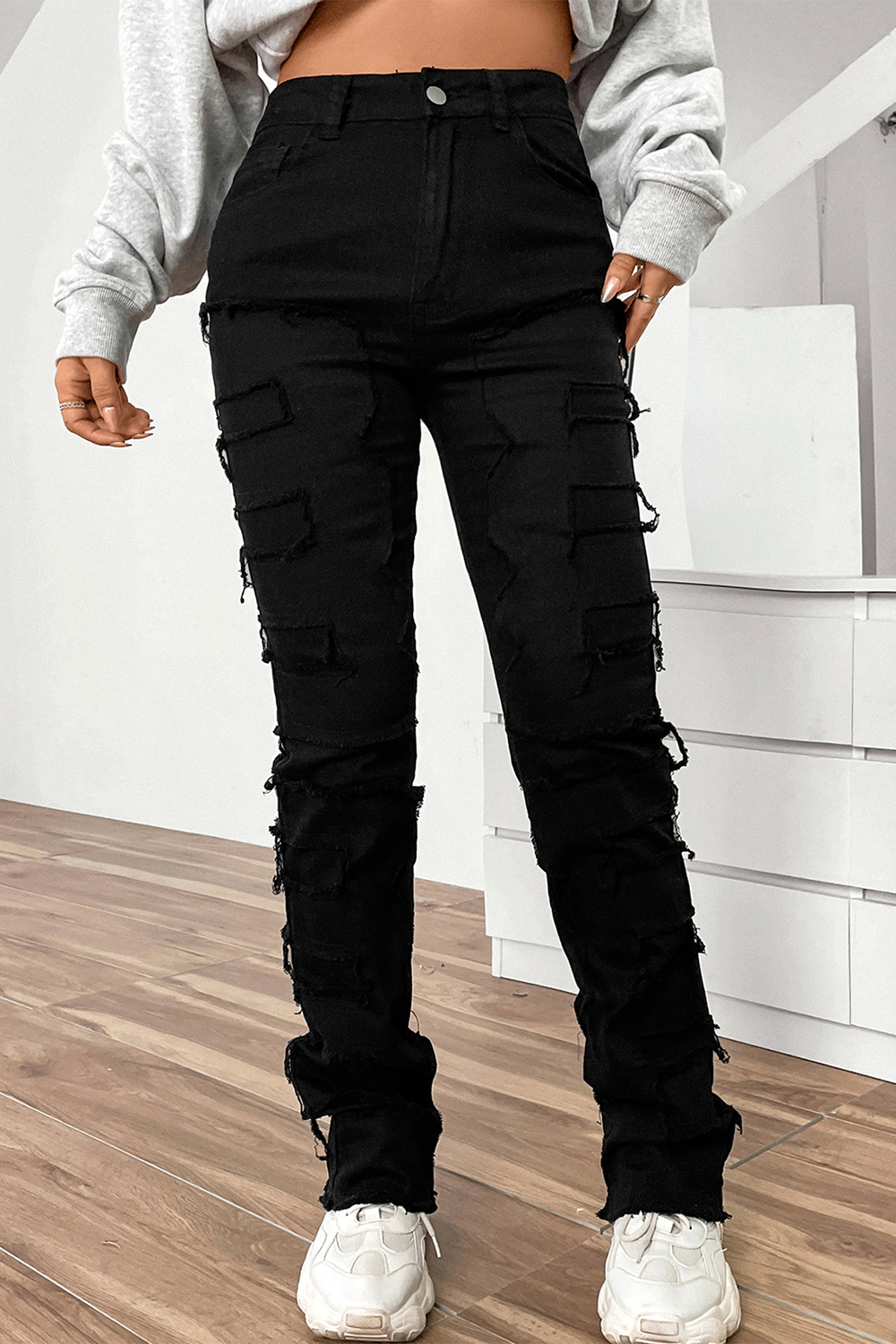 Women's stretch patch denim layered straight jeans