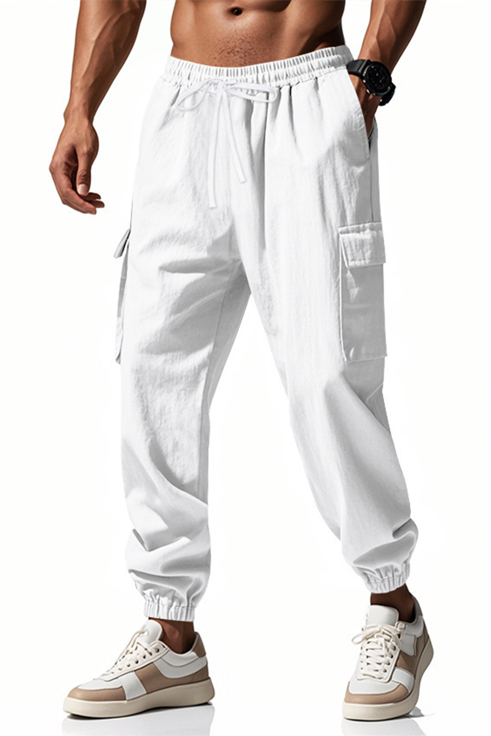 Cotton and linen casual cuffs with multiple pockets work trousers