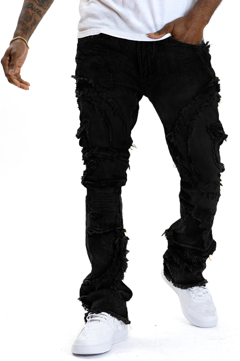 Distressed flared fringe stretch jeans