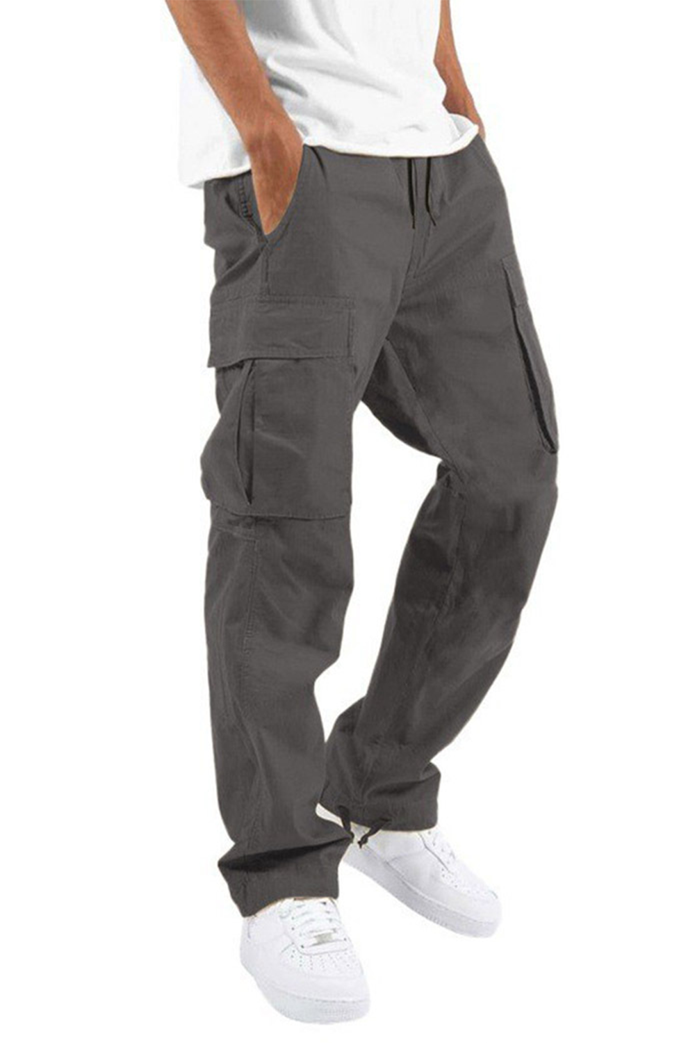 Drawstring multi-pocket casual trousers