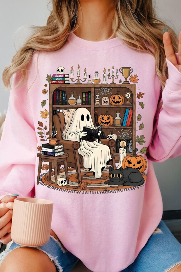Cozy Ghost Reading T-Shirt: Halloween Library Bookshelf Sweatshirt