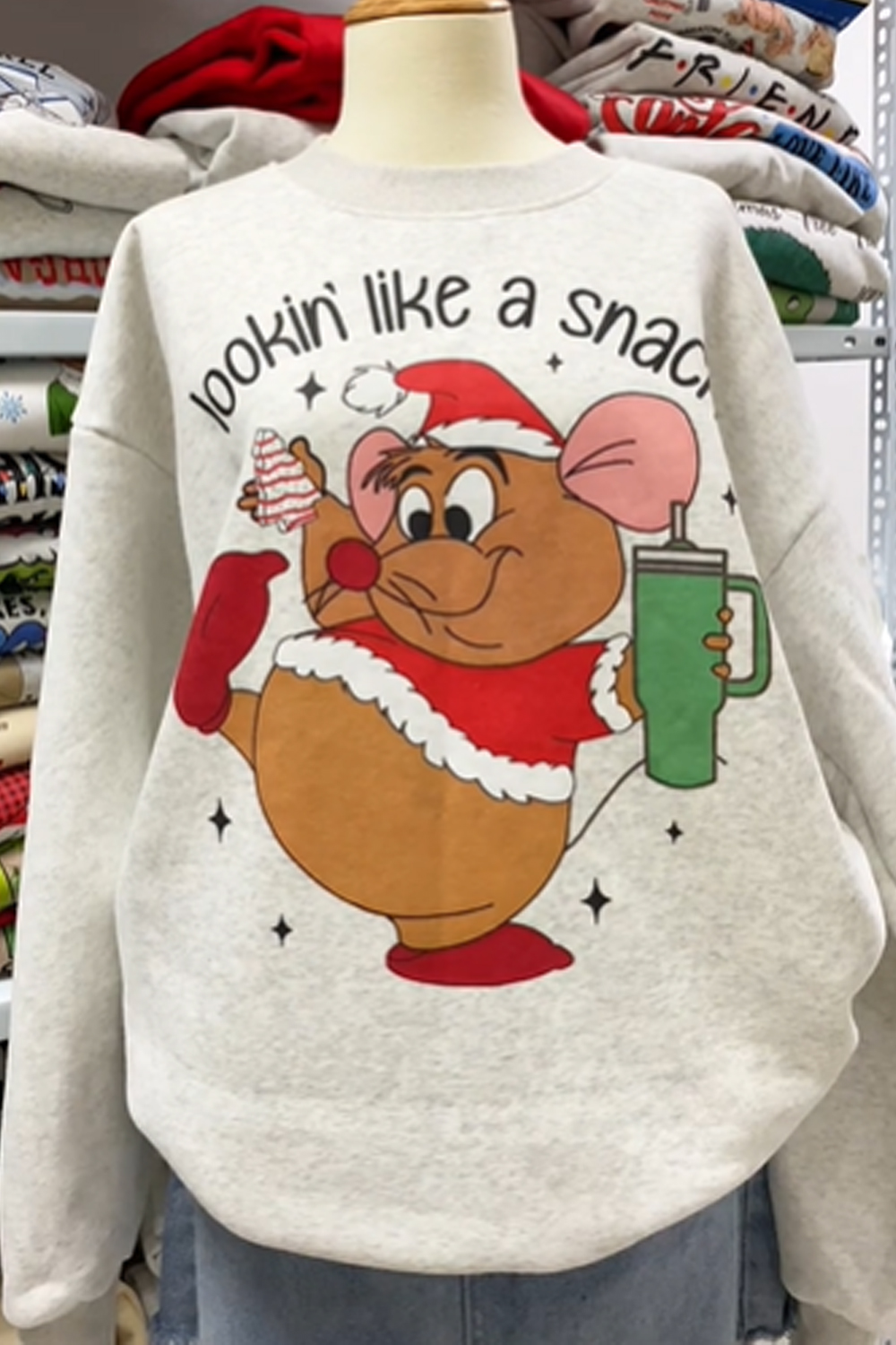 Christmas Mouse Printed Round Neck Women's Long Sleeve Sweatshirt