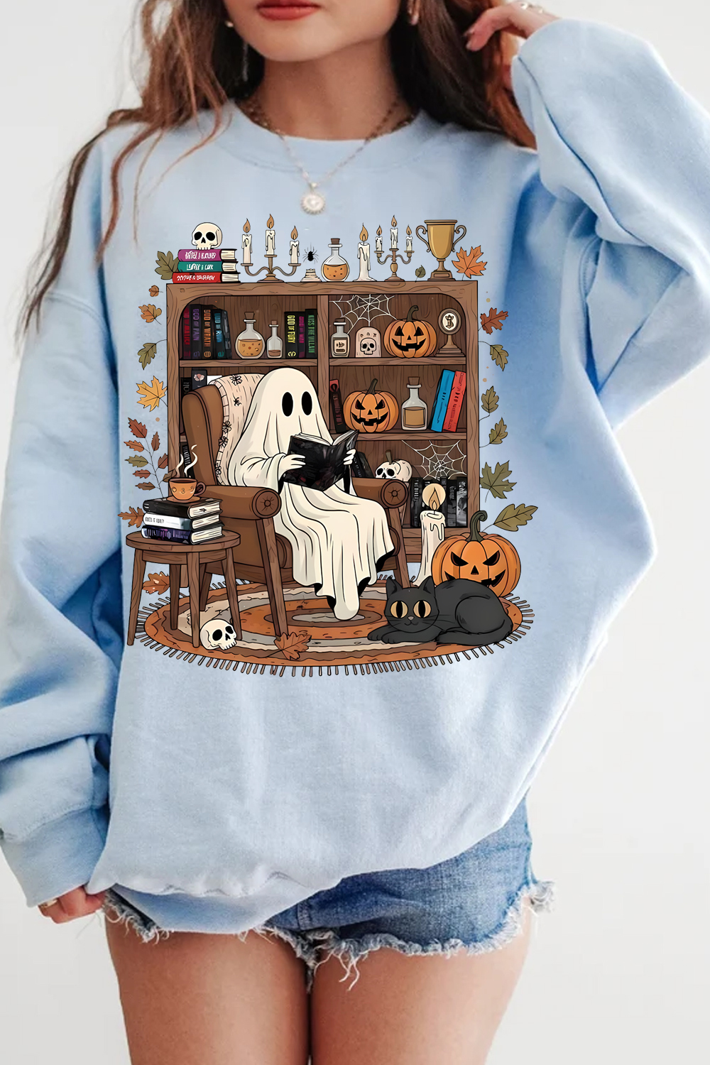 Cozy Ghost Reading T-Shirt: Halloween Library Bookshelf Sweatshirt