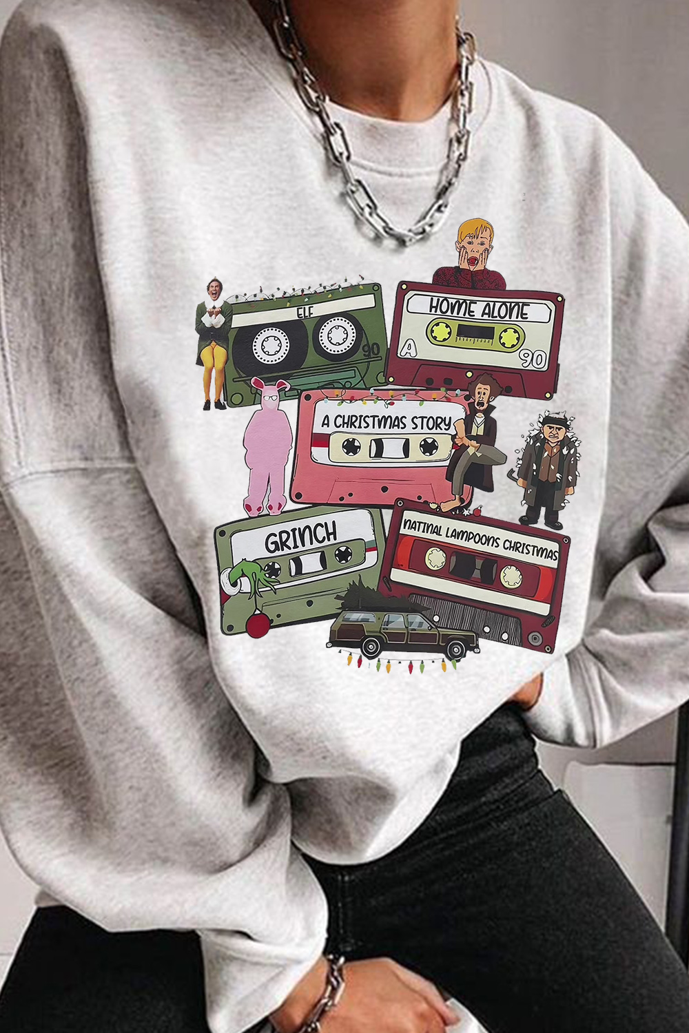 Christmas cartoon cassette print crew neck sweatshirt