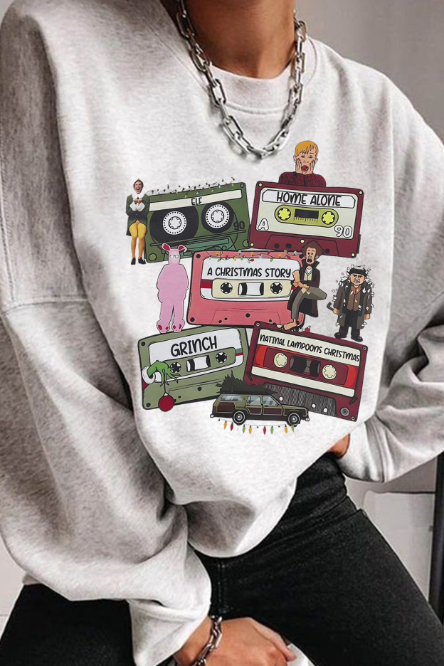Christmas cartoon cassette print crew neck sweatshirt