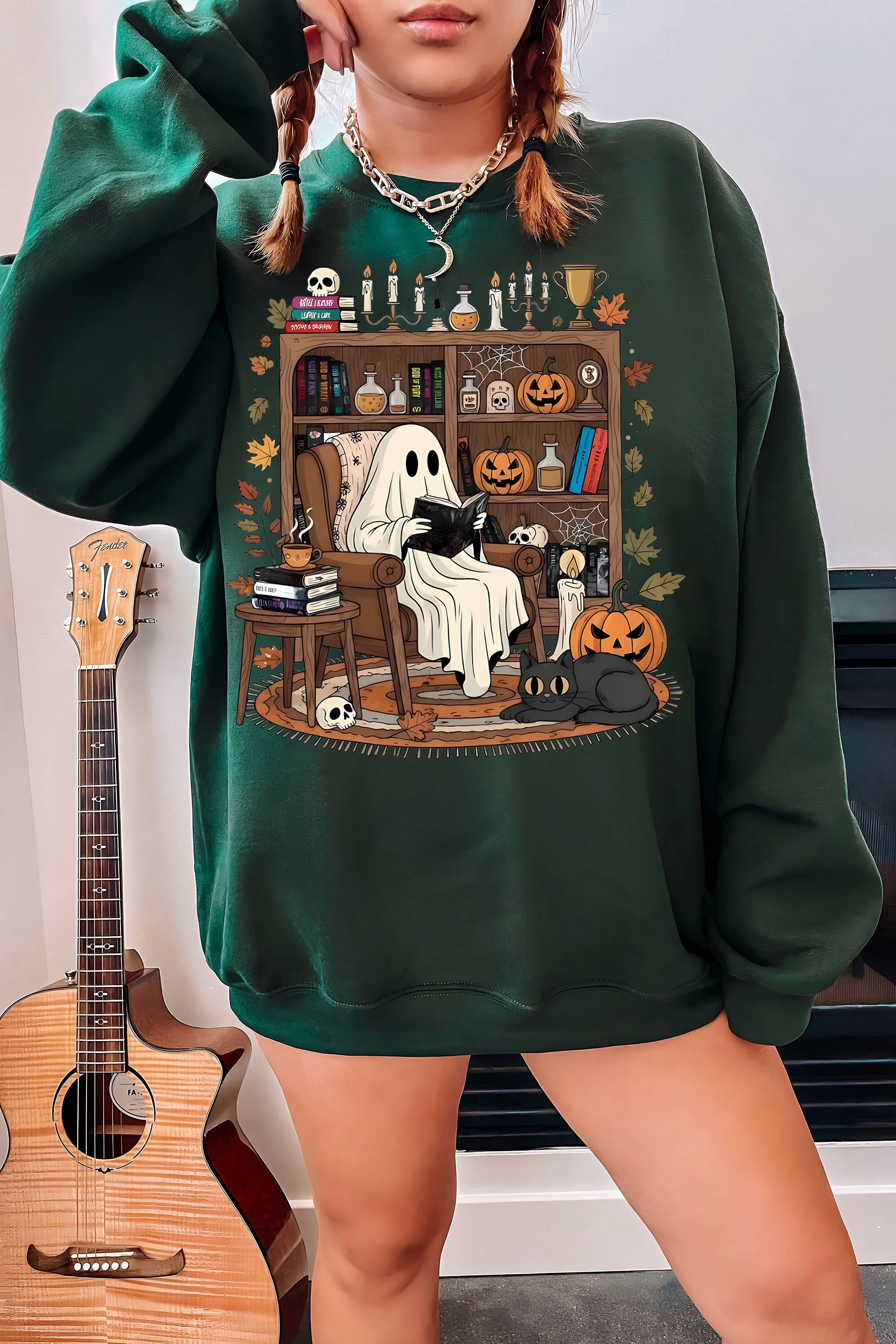 Cozy Ghost Reading T-Shirt: Halloween Library Bookshelf Sweatshirt