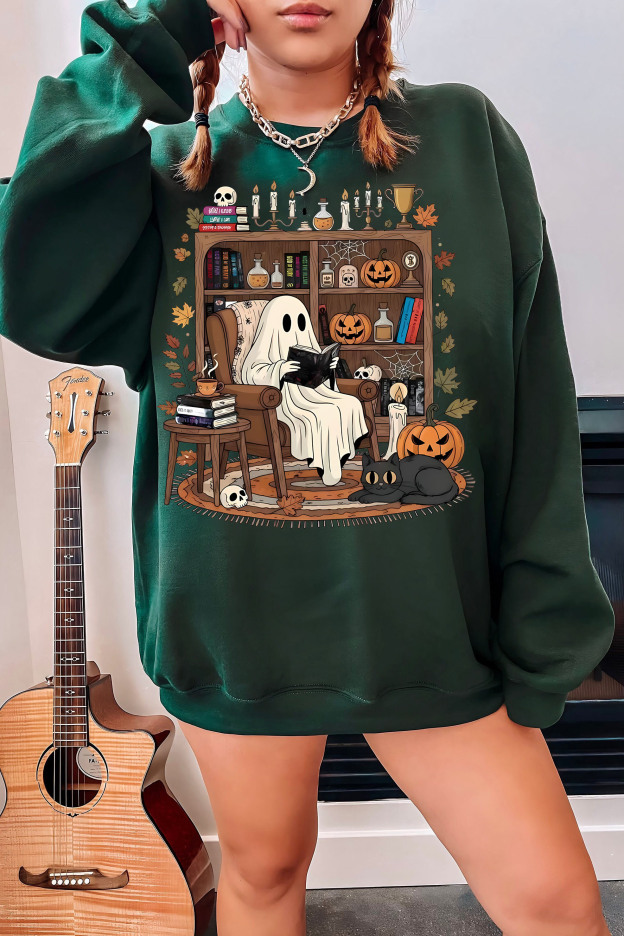 Cozy Ghost Reading T-Shirt: Halloween Library Bookshelf Sweatshirt