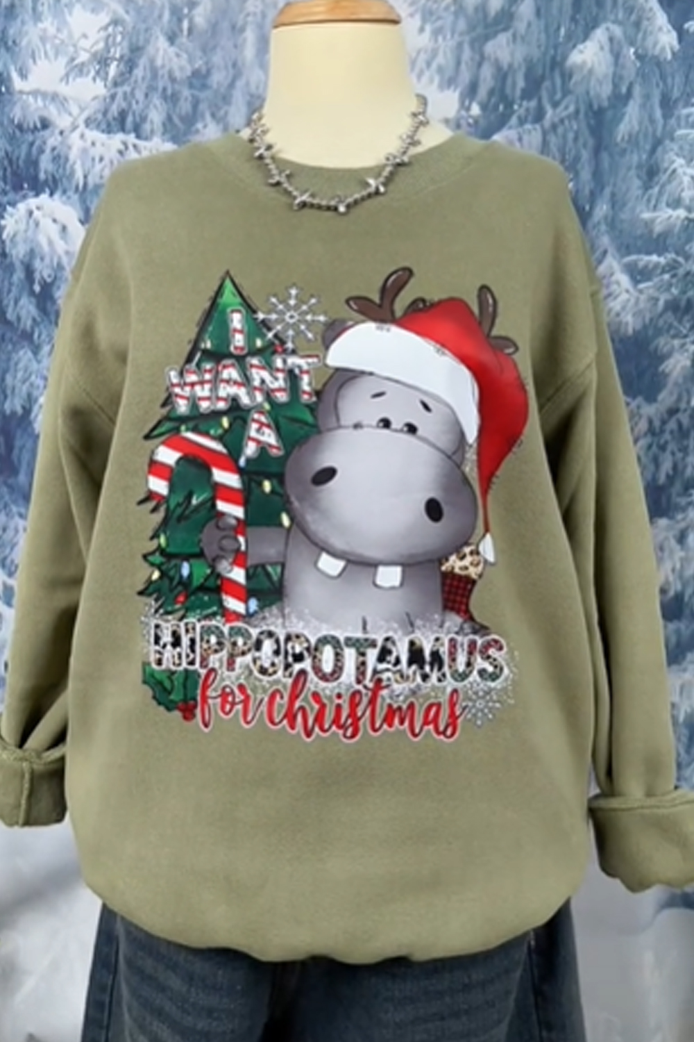 Christmas Hippo Cartoon Print Round Neck Ladies Long Sleeve Sweatshirt