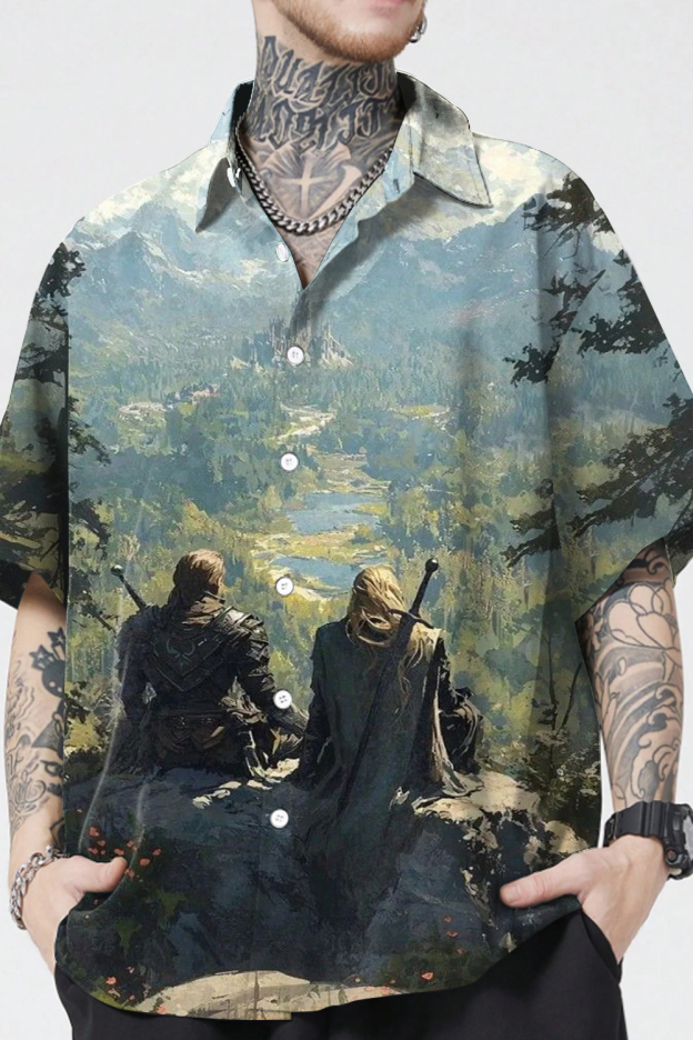 Lord of the Rings Oil Painting Print Lapel Men's Short Sleeve Shirt