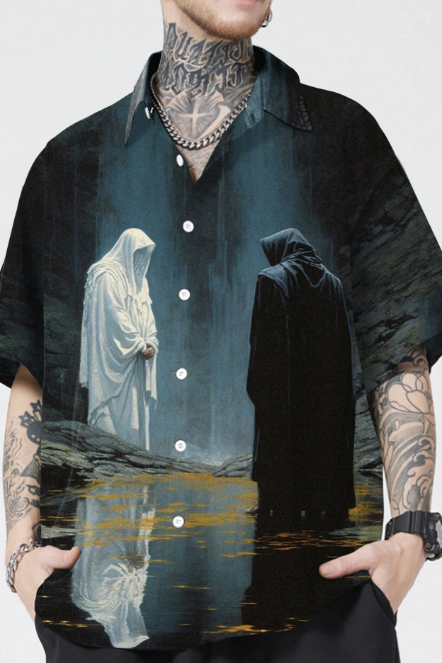 Lord of the Rings Oil Painting Lapel Men's Short Sleeve Shirt