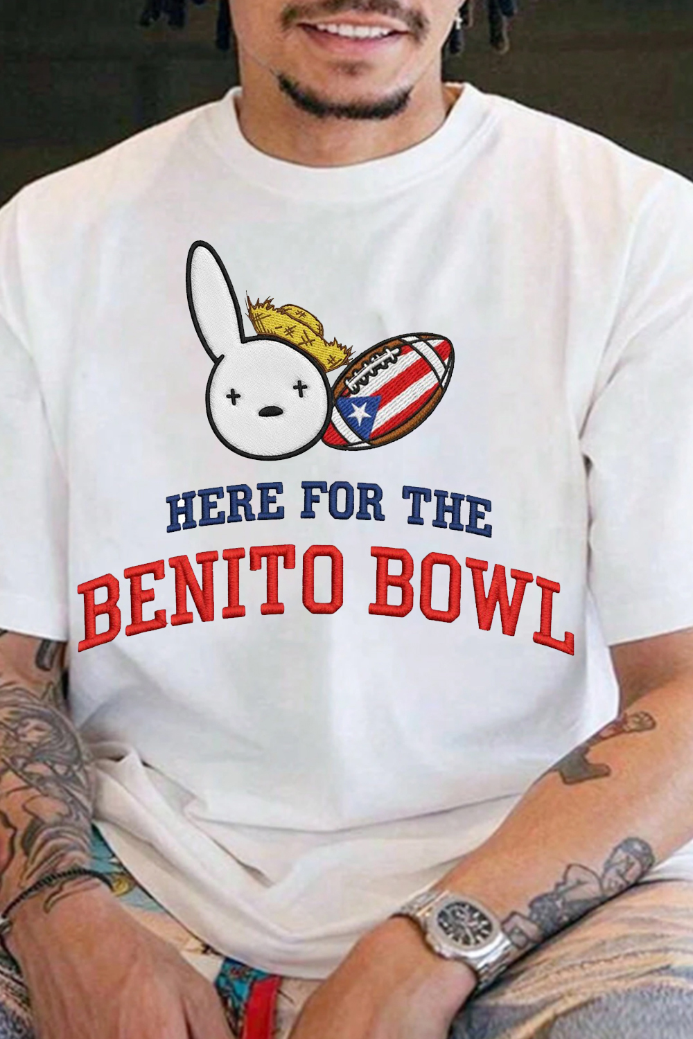 Bad Bunny Super Bowl Embroidered Print T-Shirt