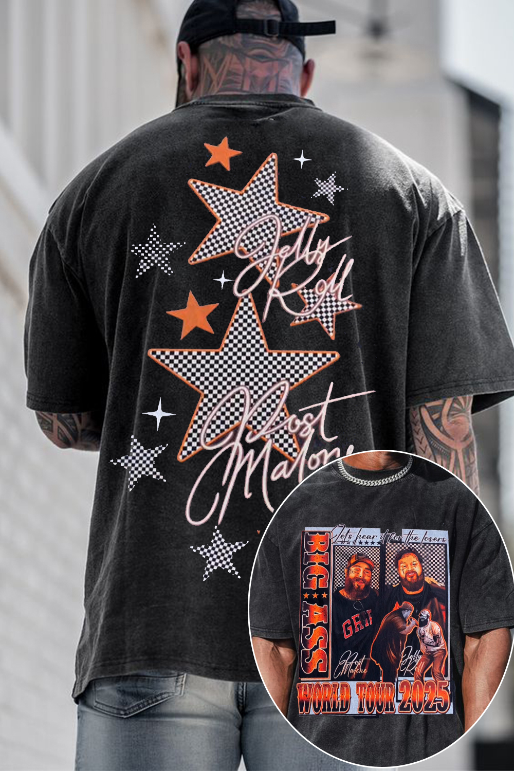 Post Malone & Jelly Roll Bigg Ass Stadium Tour Bleached Washed T-Shirt