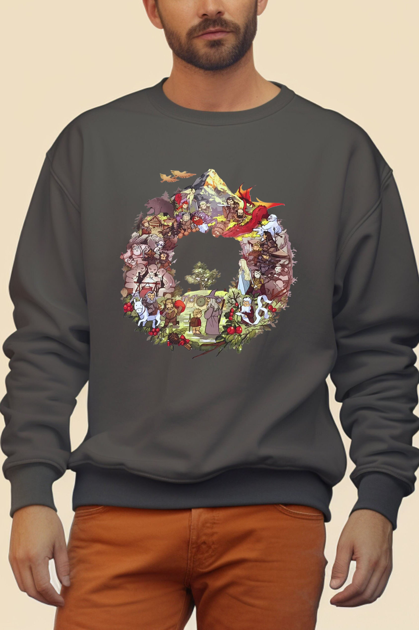 Lord of the Rings Cartoon Print Round Neck Men's Sweatshirt