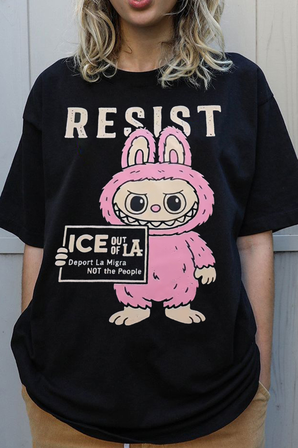 Resist ! Stand with LA labubu print short-sleeved T-shirt