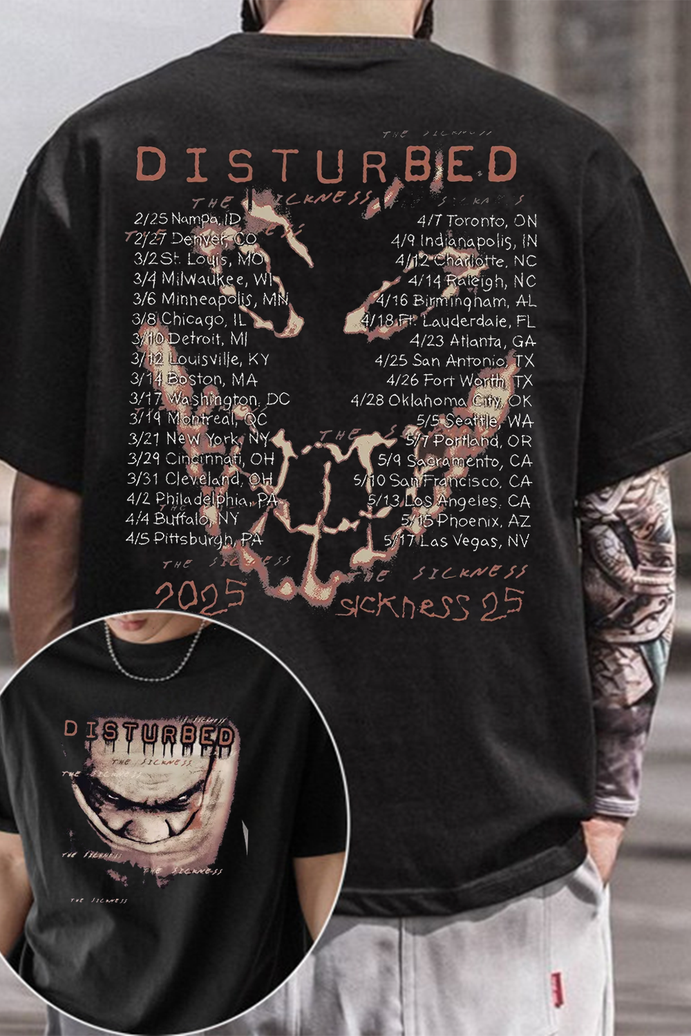Disturbed Band The Sickness 25 Tour Tee For Men