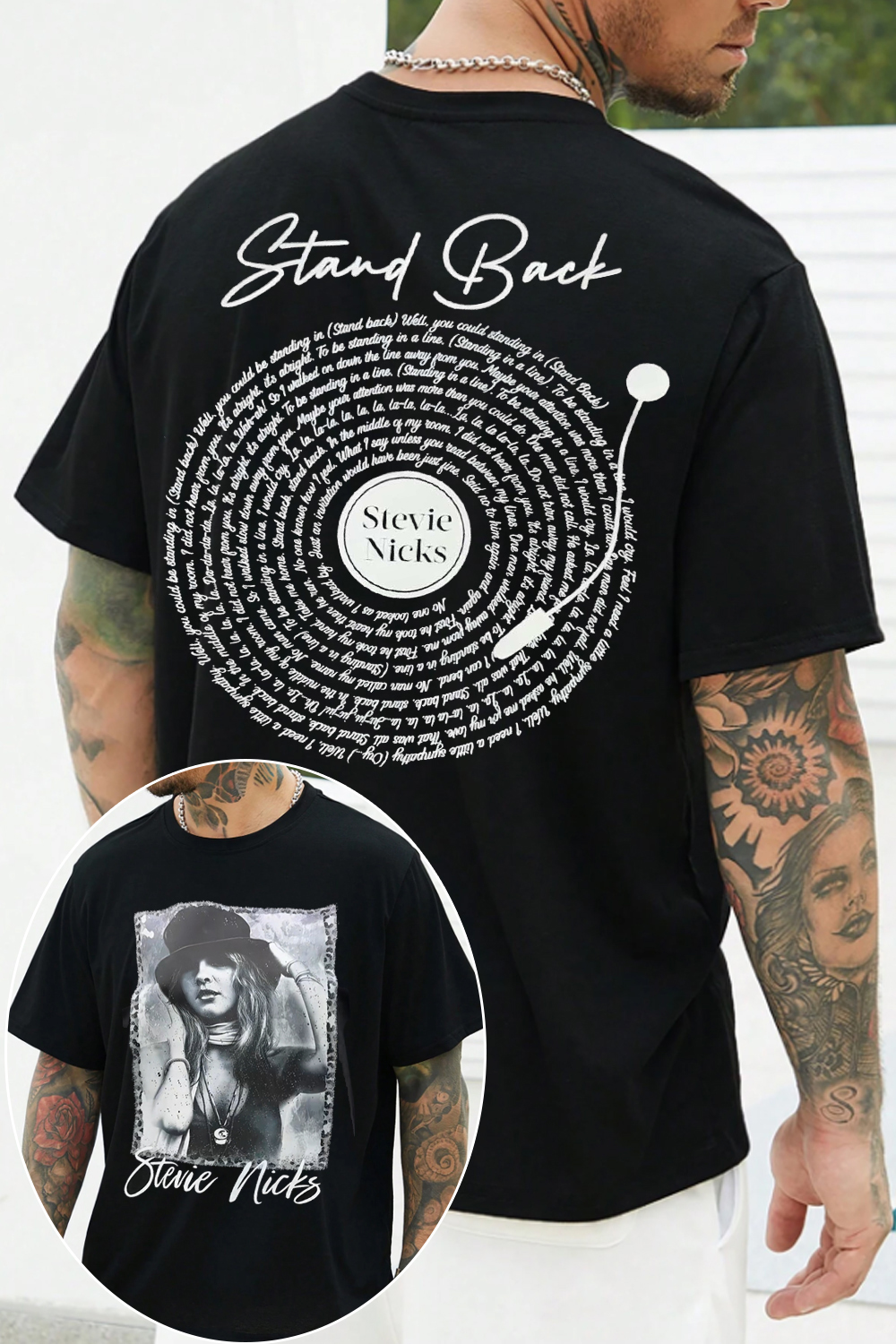 Rock legend on the front, unforgettable lyrics on the back tee
