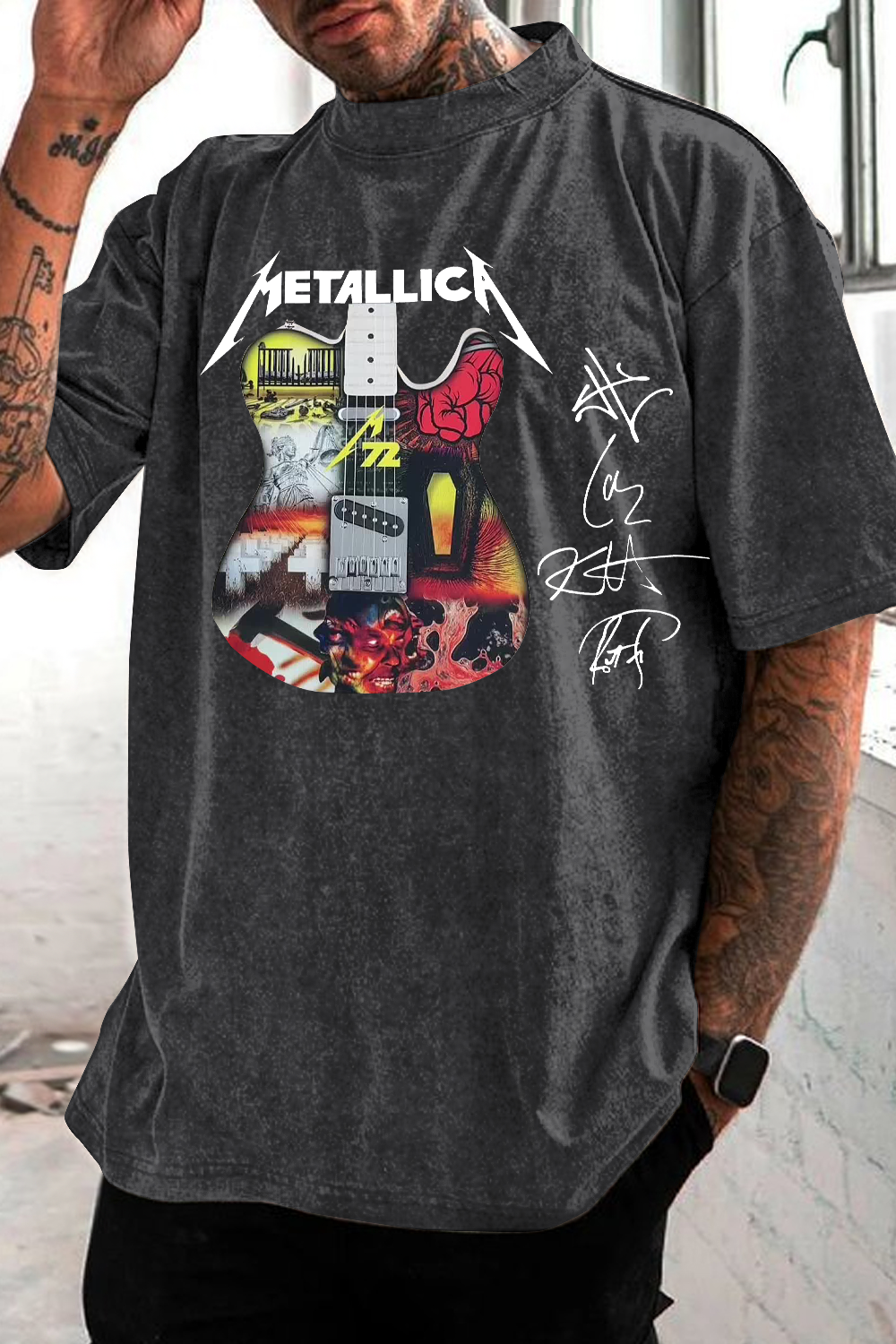 METAL!ICA 2025 LAYERED ELECTRIC GUITAR washed cotton printed short-sleeved T-shirt