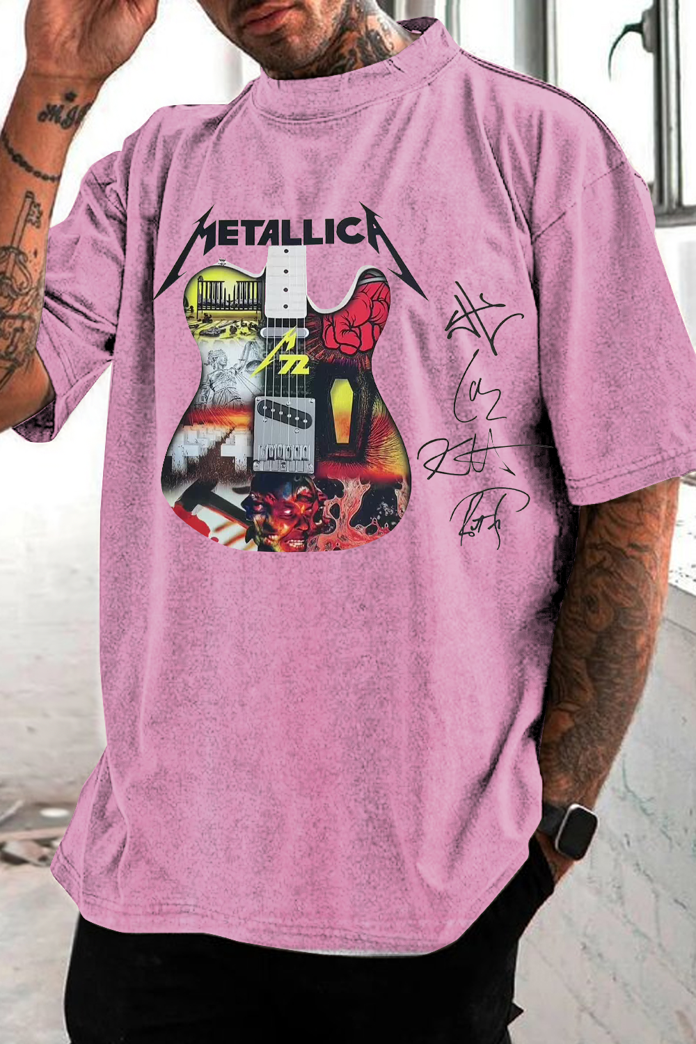 METAL!ICA 2025 LAYERED ELECTRIC GUITAR washed cotton printed short-sleeved T-shirt