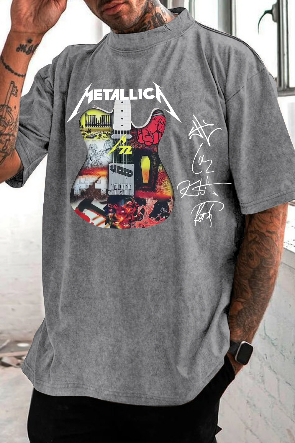 METAL!ICA 2025 LAYERED ELECTRIC GUITAR washed cotton printed short-sleeved T-shirt