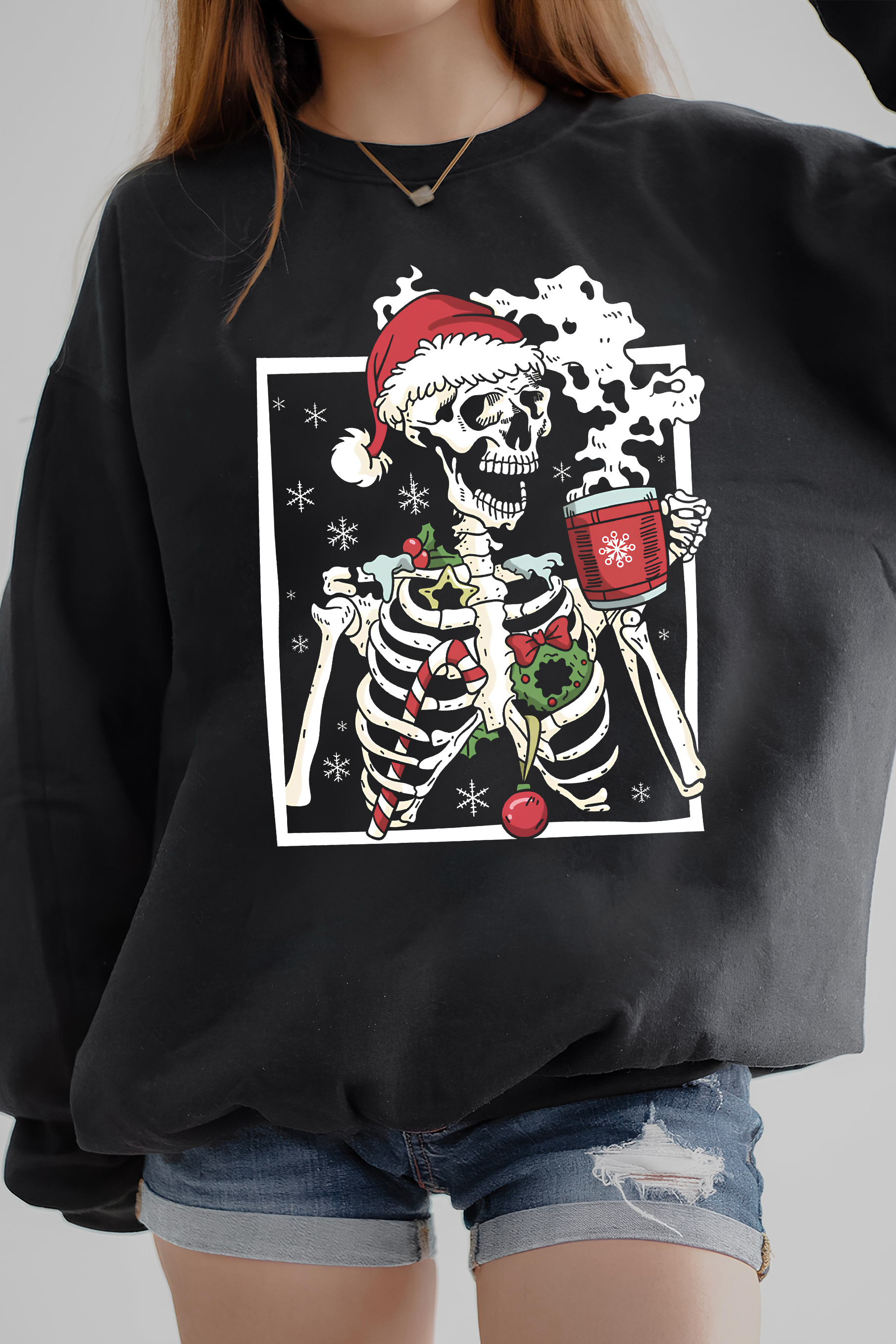 Dead Inside Skeleton Christmas  Fleece Sweatshirt For Women