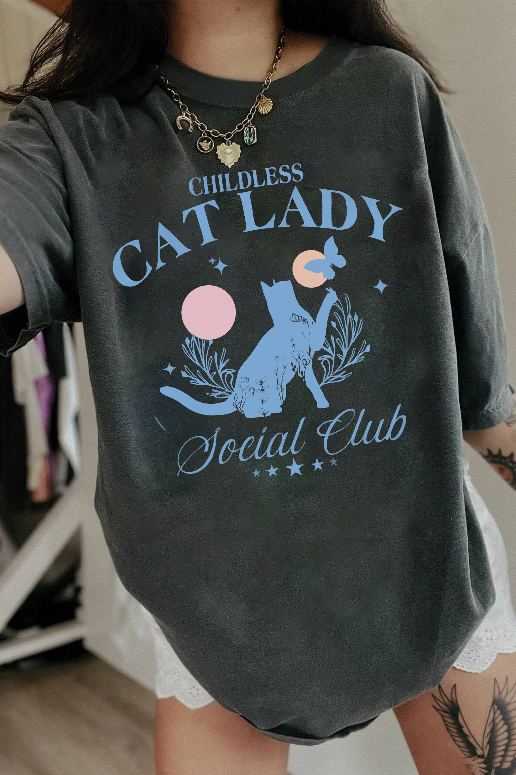 Petthouse Childless Cat Lady Flowers Cat  Tee For Women