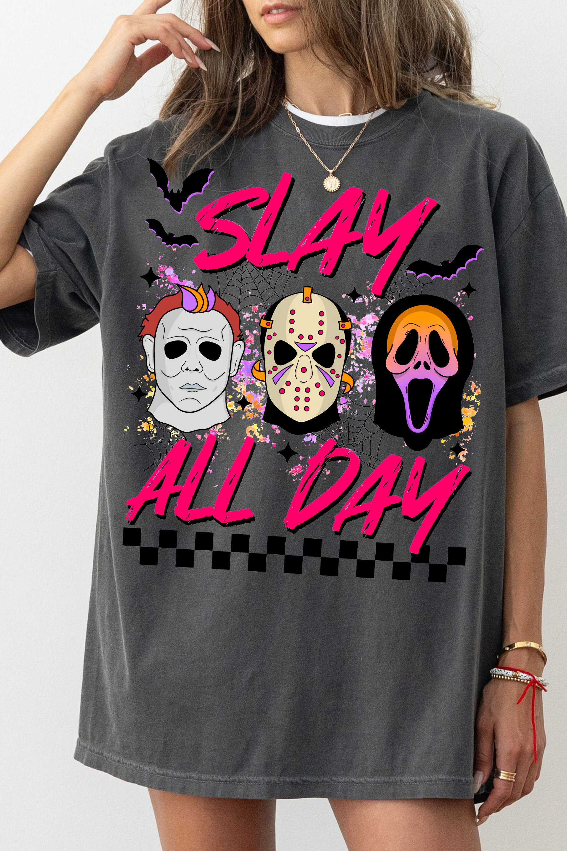 Slay All Day Halloween  Horror Movie Tee For Women