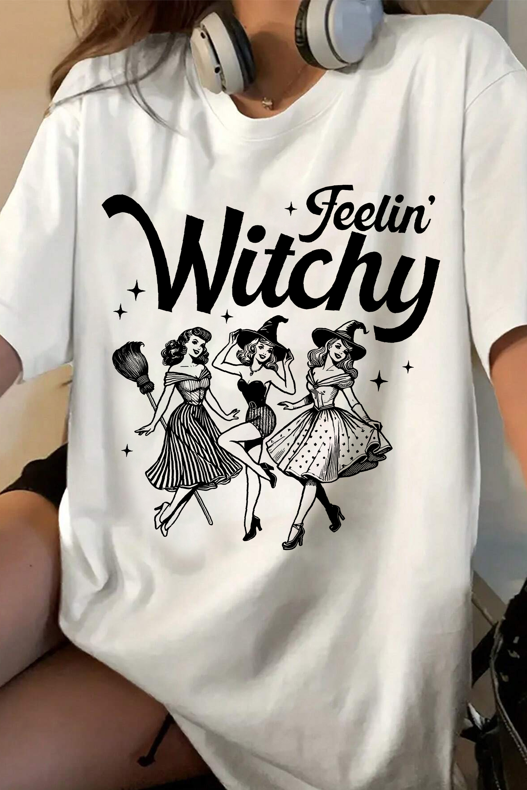 Vintage Feelin' Witchy Girly Halloween  Tee For Women