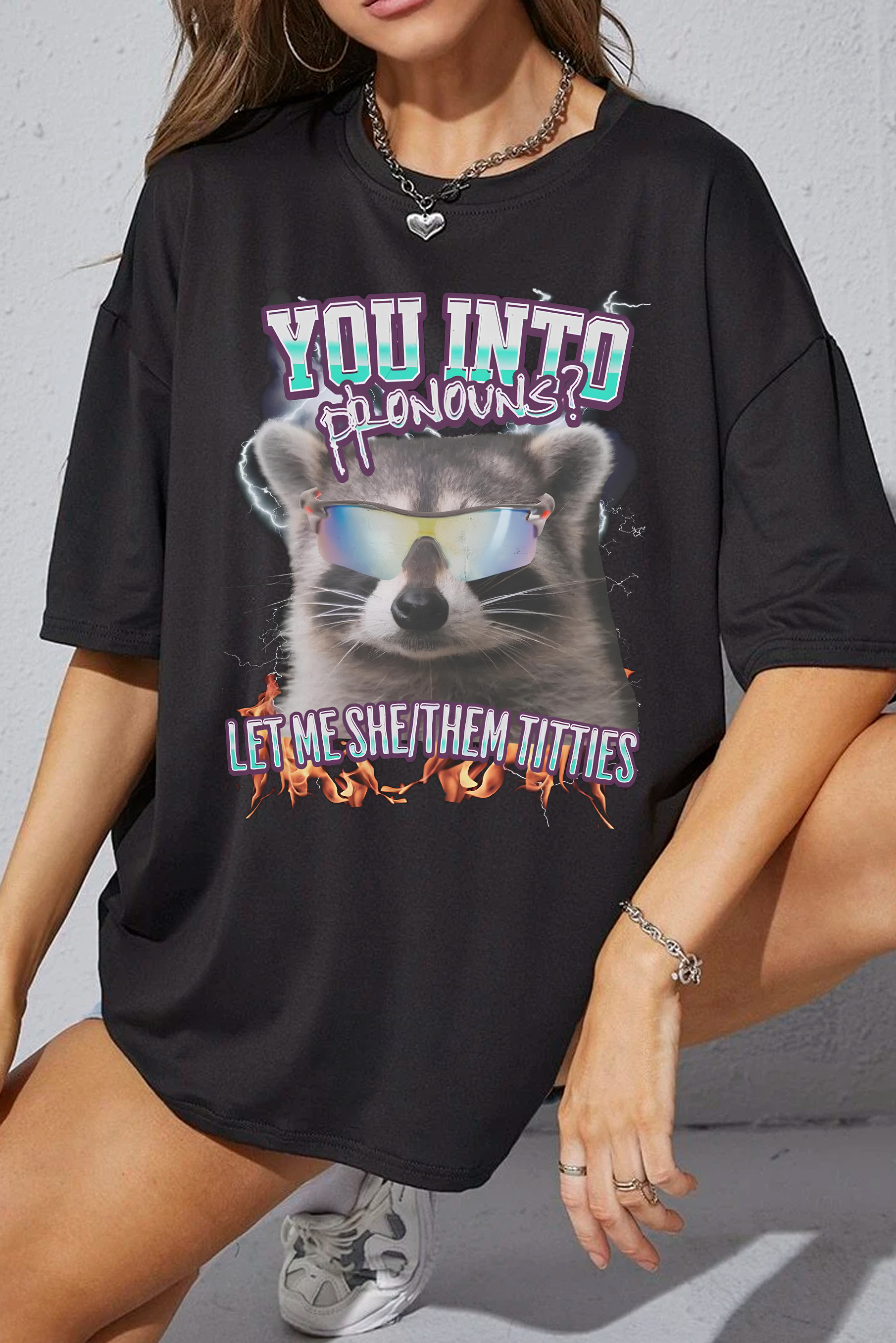 Stylish Pronouns Raccoon Tee For Women