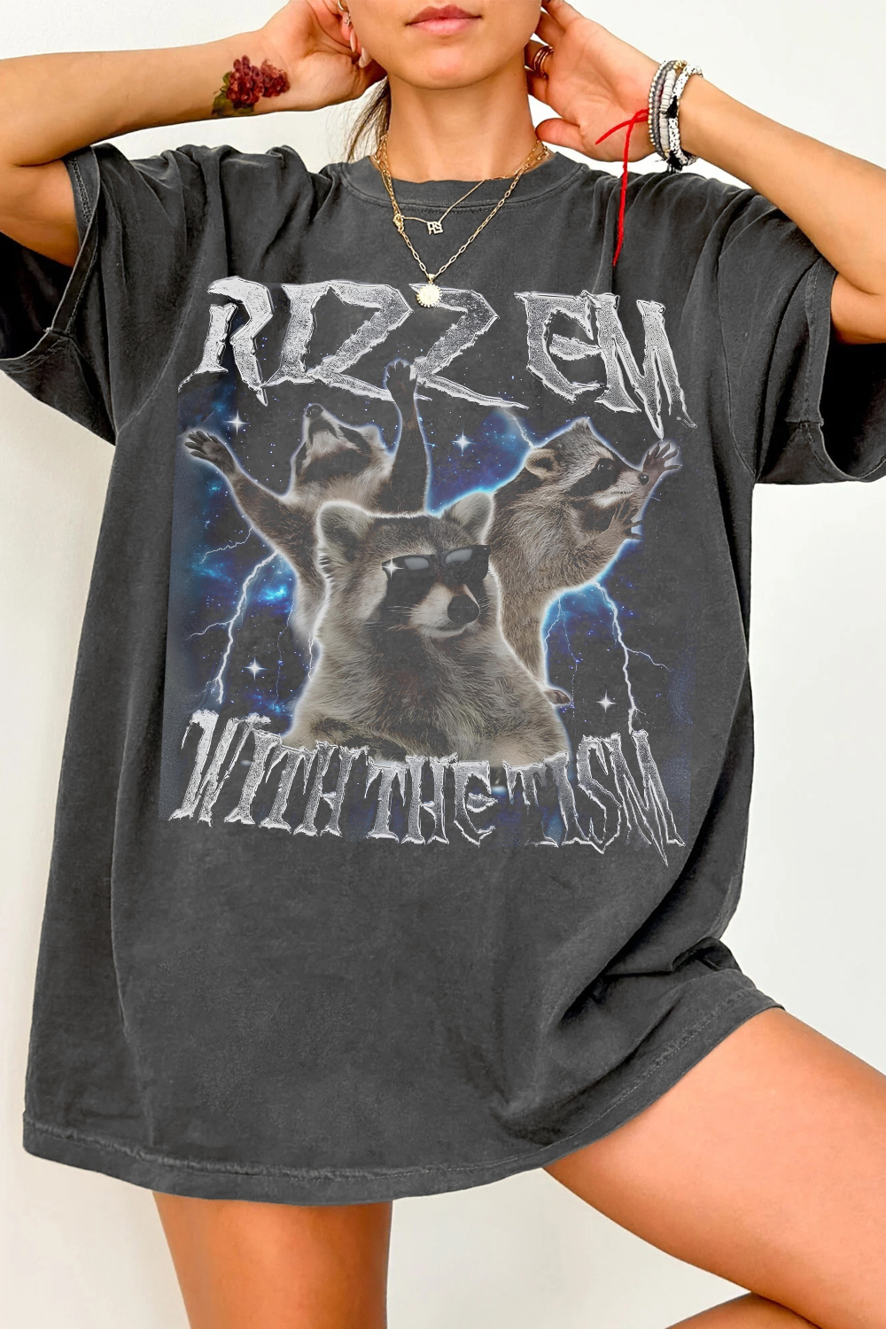 Rizz Em With The Tism Raccoon Vintage Graphic  Tee For Women